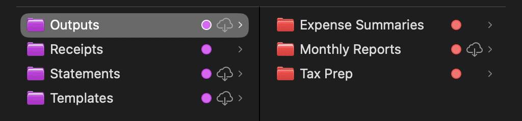 Finder view of the Outputs folder with Expense Summaries, Monthly Reports, and Tax Prep