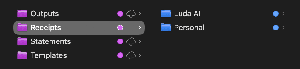 Finder view of the Receipts folder with Luda AI and Personal subfolders