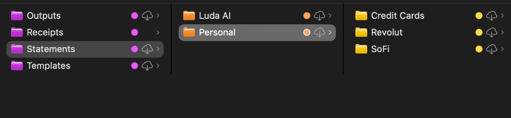 Finder view of Statements organized by account under Personal