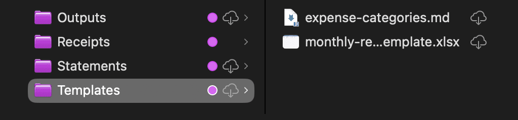 Finder view of the Templates folder with the monthly report spreadsheet and expense categories guide
