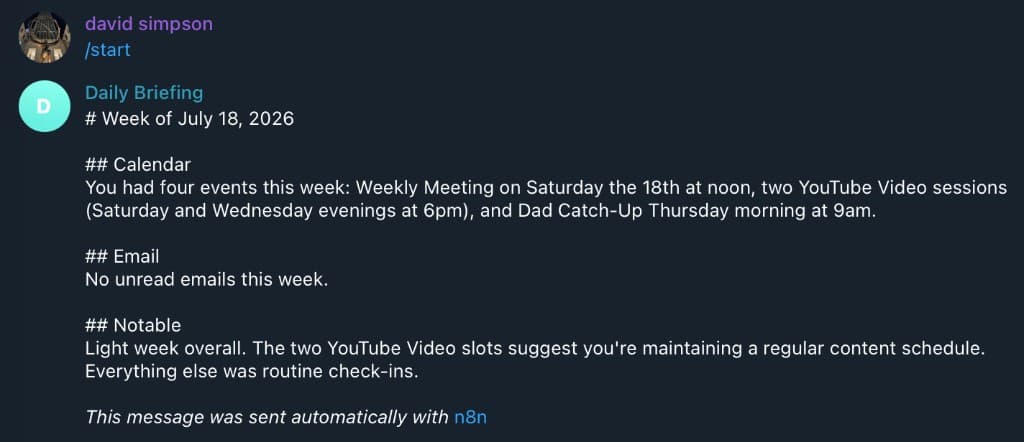 Telegram message showing a weekly AI briefing with calendar, email, and notable sections