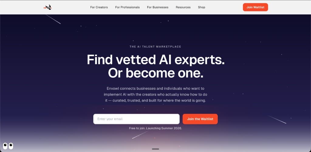 Envowl AI talent marketplace homepage with waitlist signup and a space-themed hero