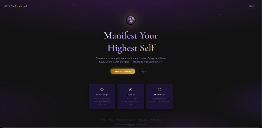I AM Manifested homepage with celestial branding and Human Design, Gene Keys, and Manifestation service cards