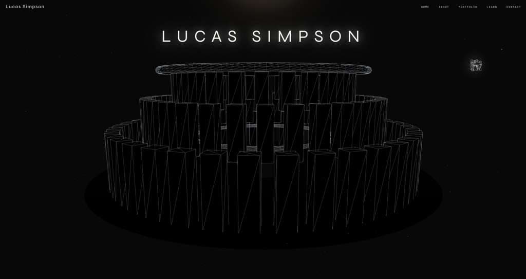 Lucas Simpson portfolio homepage with a white wireframe circular monument on a black starfield background